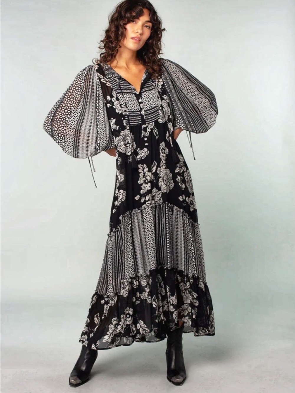 lovestitch Black & White Floral Patchwork Maxi Dress